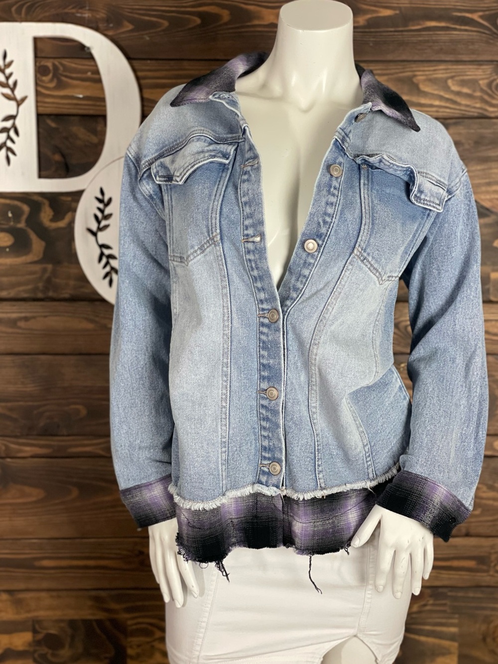 SO | Light Wash Denim Jean Jacket Purple Plaid Contrast Trim Frayed Raw Edge